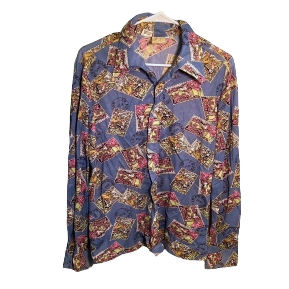 Fragonard Womens Size XL Button Down Blouse Blue Artwork Stamp Print Long Sleeve